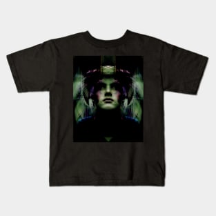 Portrait, digital collage, special processing. Dark, strong. Guy face looking up high. Fantasy. Green and violet. Kids T-Shirt